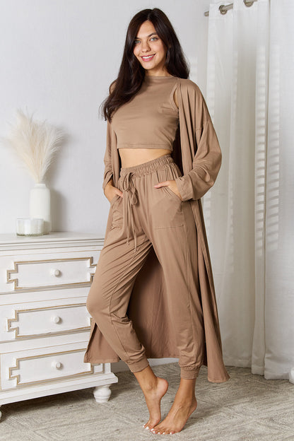 Conjunto de camiseta de tirantes, pantalón y cárdigan con bolsillos