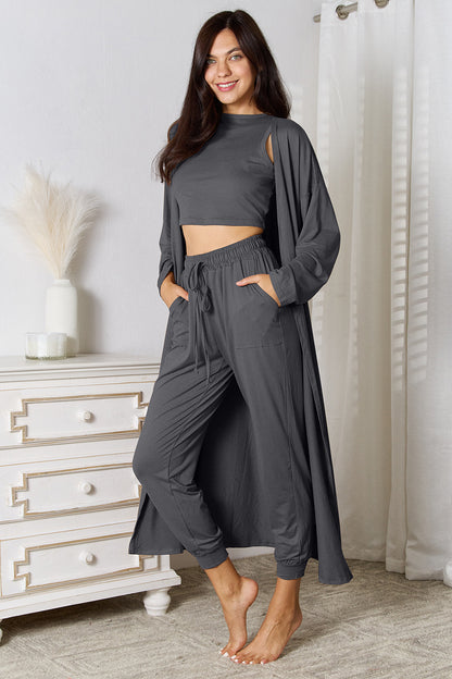 Conjunto de camiseta de tirantes, pantalón y cárdigan con bolsillos