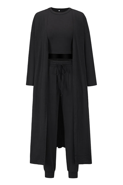 Conjunto de camiseta de tirantes, pantalón y cárdigan con bolsillos