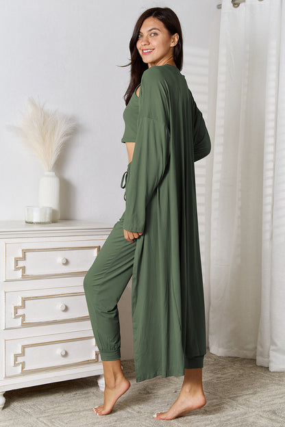 Conjunto de camiseta de tirantes, pantalón y cárdigan con bolsillos