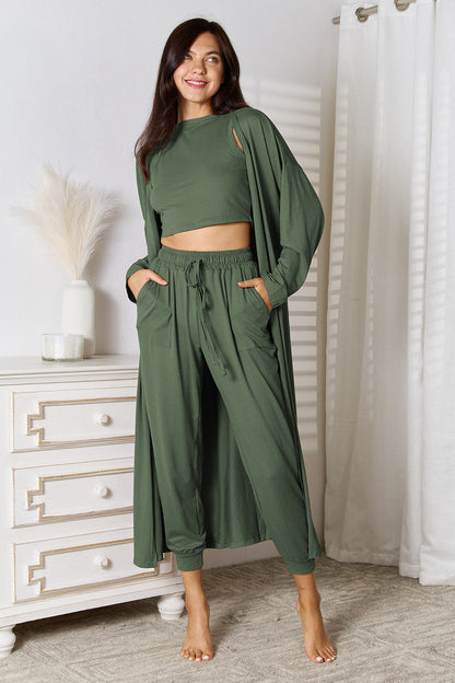 Conjunto de camiseta de tirantes, pantalón y cárdigan con bolsillos