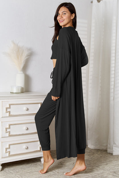 Conjunto de camiseta de tirantes, pantalón y cárdigan con bolsillos