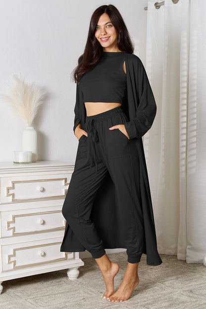 Conjunto de camiseta de tirantes, pantalón y cárdigan con bolsillos